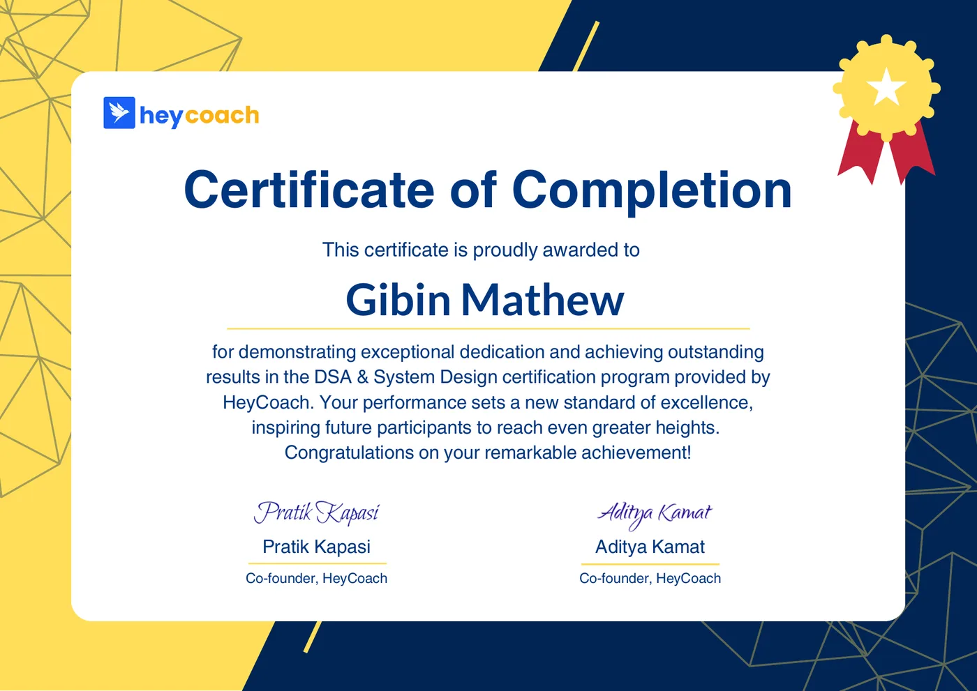 HeyCoach certificate of completion for Gibin Mathew, DSA and System Design program